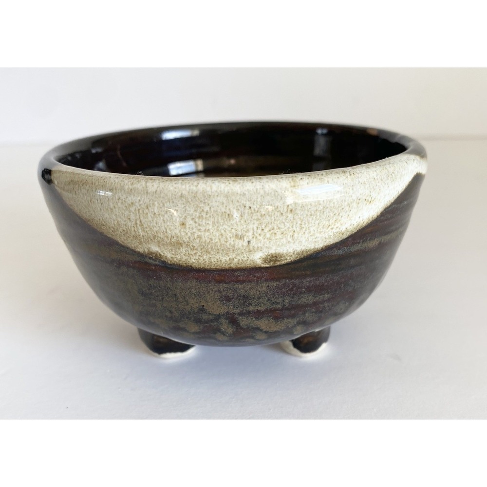 Studio Pottery Small 3 Footed Bowls Rustic Glazed Stoneware Brown Cream Marked